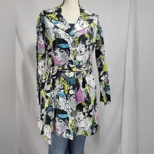 Just In Time USA Pop Art Trench Coat Sz M Lined Belted Comic Print Lichtenstein